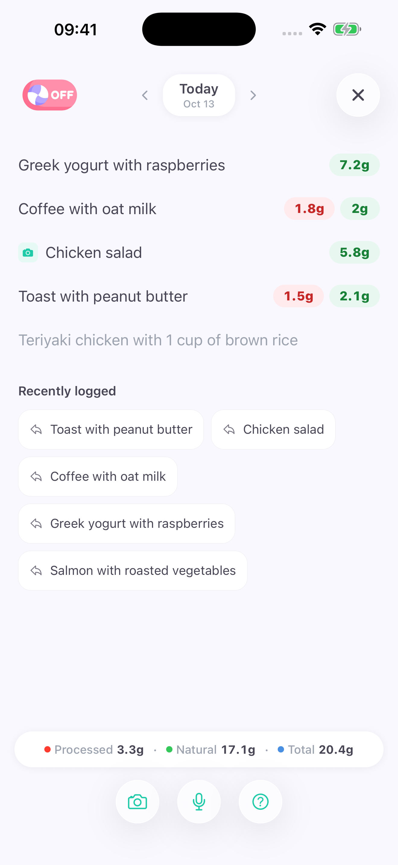 Sweet Off food diary with example meals and daily sugar totals