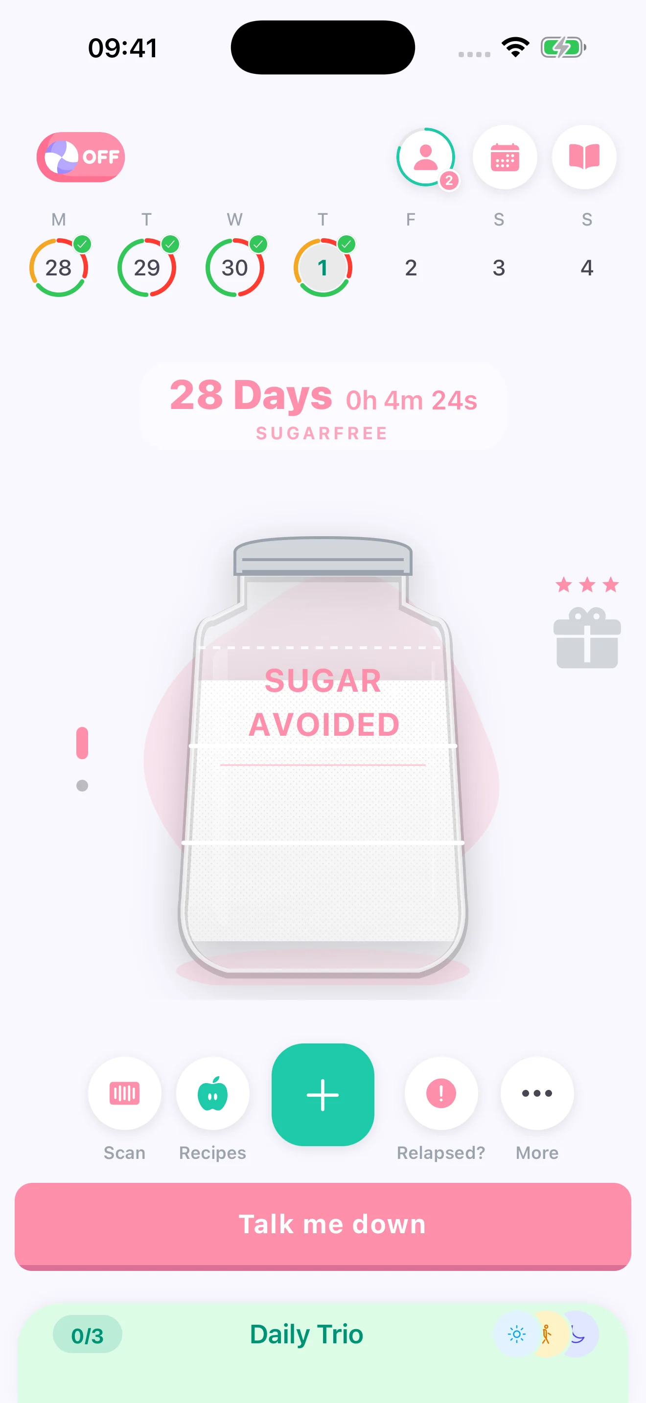 Sweet Off home screen showing an illustrative 28-day streak and sugar-free challenge